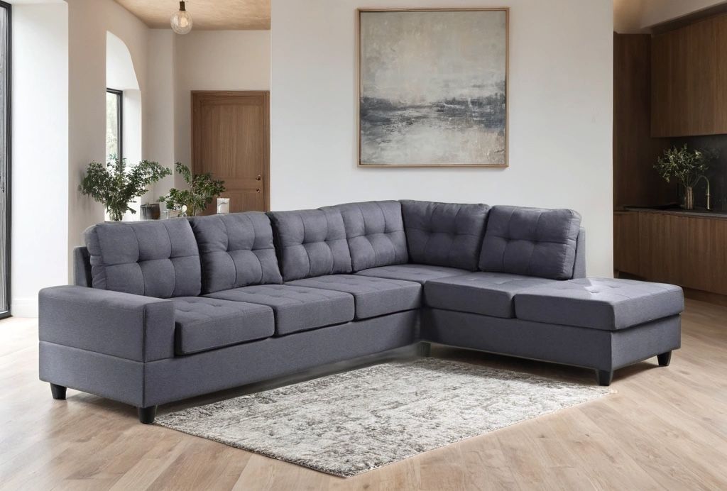 NEW IN BOX - James Linen Fabric Grey Tufted ReversibleSectional Finance Available $54 Down Pmt👑