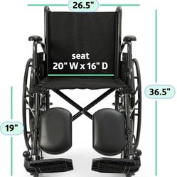 Comfortable folding wheelchair with swing-back, desk-length arms, and elevating footrest, 20" W x 16" D seat