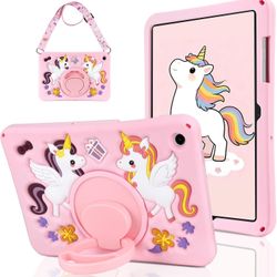 Samsung Galaxy Tab A9 Plus 11 Case Kids Unicorn Silicone Stand Strap Pink