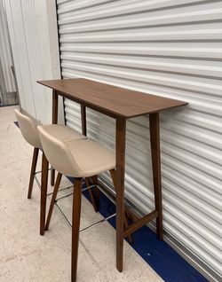Mid Century Modern Bar Table and Randolph Wood Counter Stools Set