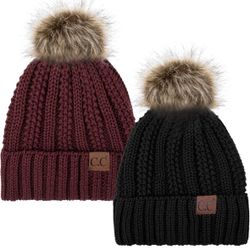 C.C YJ820 Thick Cable Knit Hat Faux Fur Pom Fleece Lined Cap Cuff Beanie 2 Pack