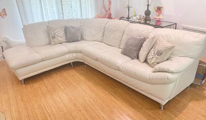 Ivory 2 Piece Leather Sectional Sofa w Throw Pillows & Chrome Legs