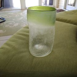 Molten Green And Clear Crackled Glass Vase