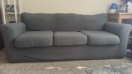 Blue Three-Cushion Sofa with Slipcover(gray)—- NEED TO GO SOON