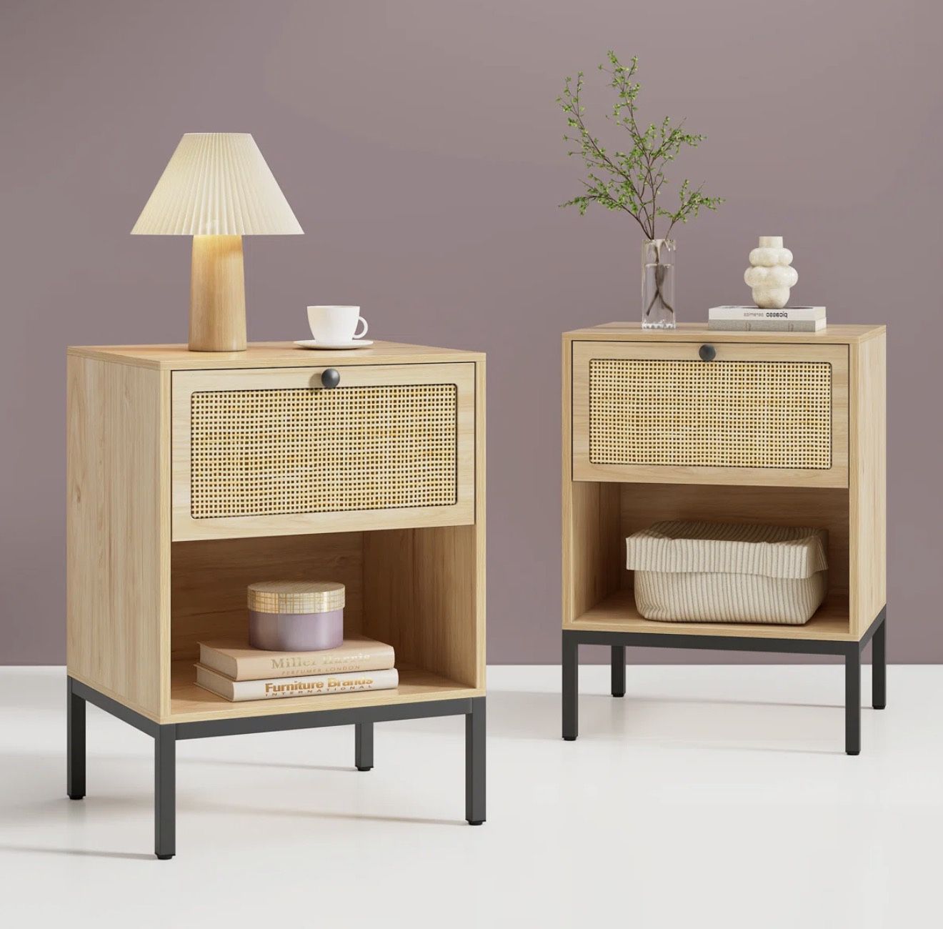 Bosonohy Boho Natural Rattan 1-Drawer Nightstand (Set of 2)
