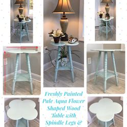 Freshly Painted Pale Aqua Flower Shaped Wood Table with Spindle Legs & Bottom Shelf