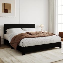 Queen Bed Frame with Adjustable Headboard, Faux Leather
