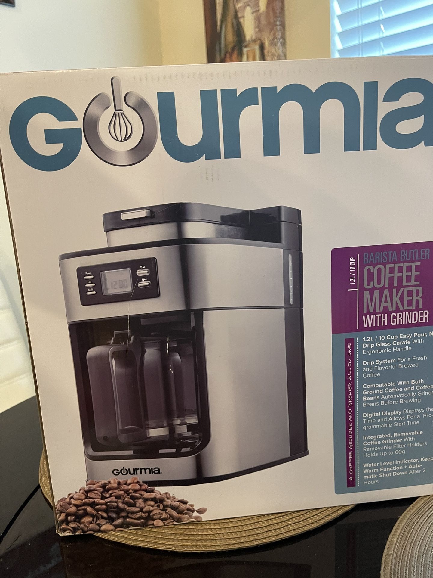 Coffee Machine, Gourmia GCM4700 Coffee Maker With Built In Grinder,  Programmable 10 Cup Automatic Drip, Glass Carafe, LED Display