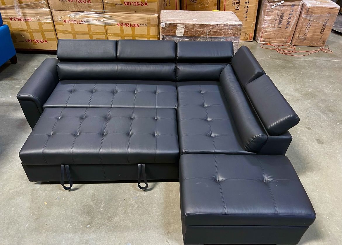 New! Black Sectional Sofa, Leatherette Sectional. Sectional Sofa With Storage Ottoman, Sofa Bed, Sectional Sofa Bed, Sectional With Pull Out Bed