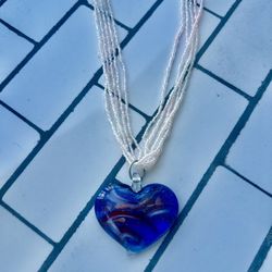 Italian Hand Blown Glass Heart On Multi Glass Beaded Chain
