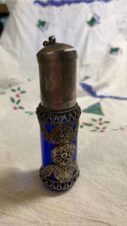 Small vintage Moroccan Blue Glass/Silver Perfume Bottle