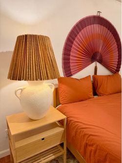Vintage Post Modern Plaster Oversized Lamp with Bamboo Pleated Shade