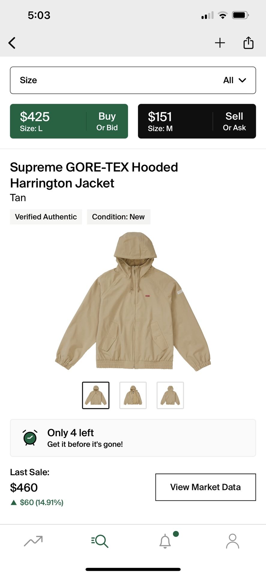 Supreme Gore-Tex Harrington Jacket Size xl Tan