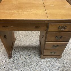 Vintage Small Wood desk 34”W Was Sewing Machine Table