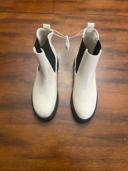 White Chelsea Ankle Boots with Black Sole