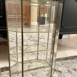 Vintage 11.5”  Tall X 10” Wide X 4” Deep Glass and Brass Mirrored Curio Cabinet - Table Top or Wall Hanging. Missing The Pin In Upper Right Door Hinge
