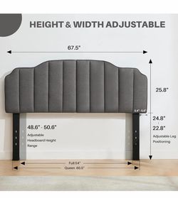 Queen Size Headboard Dark Gray Upholstered Headboard Adjustable Height&Width Linen Headboards Modern Vertical Channel Design Bed Head Board, Dark Gray