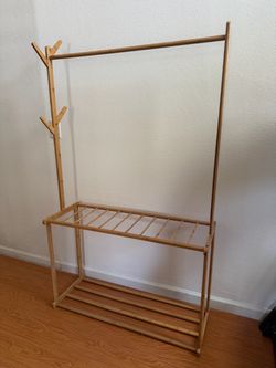 Bamboo Garment Rack with Clothes Rod, Shoe Shelves & Hooks