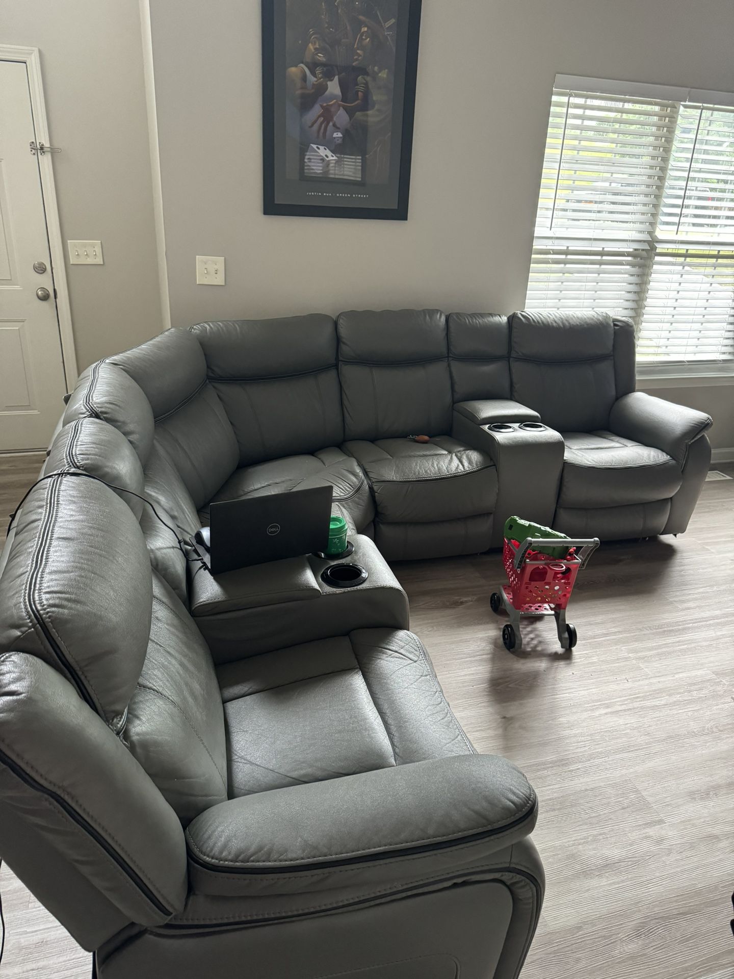 Gray Leather Power Reclining  Sectional 