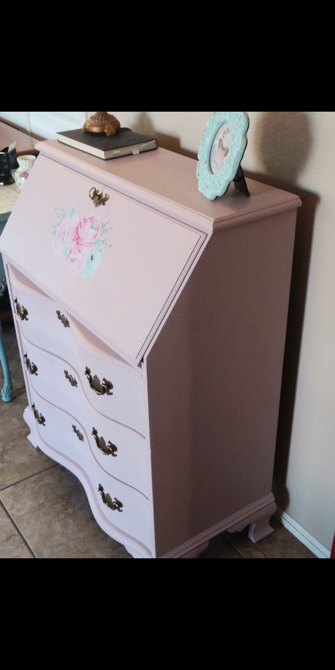 Pink floral Secretary desk with drawers