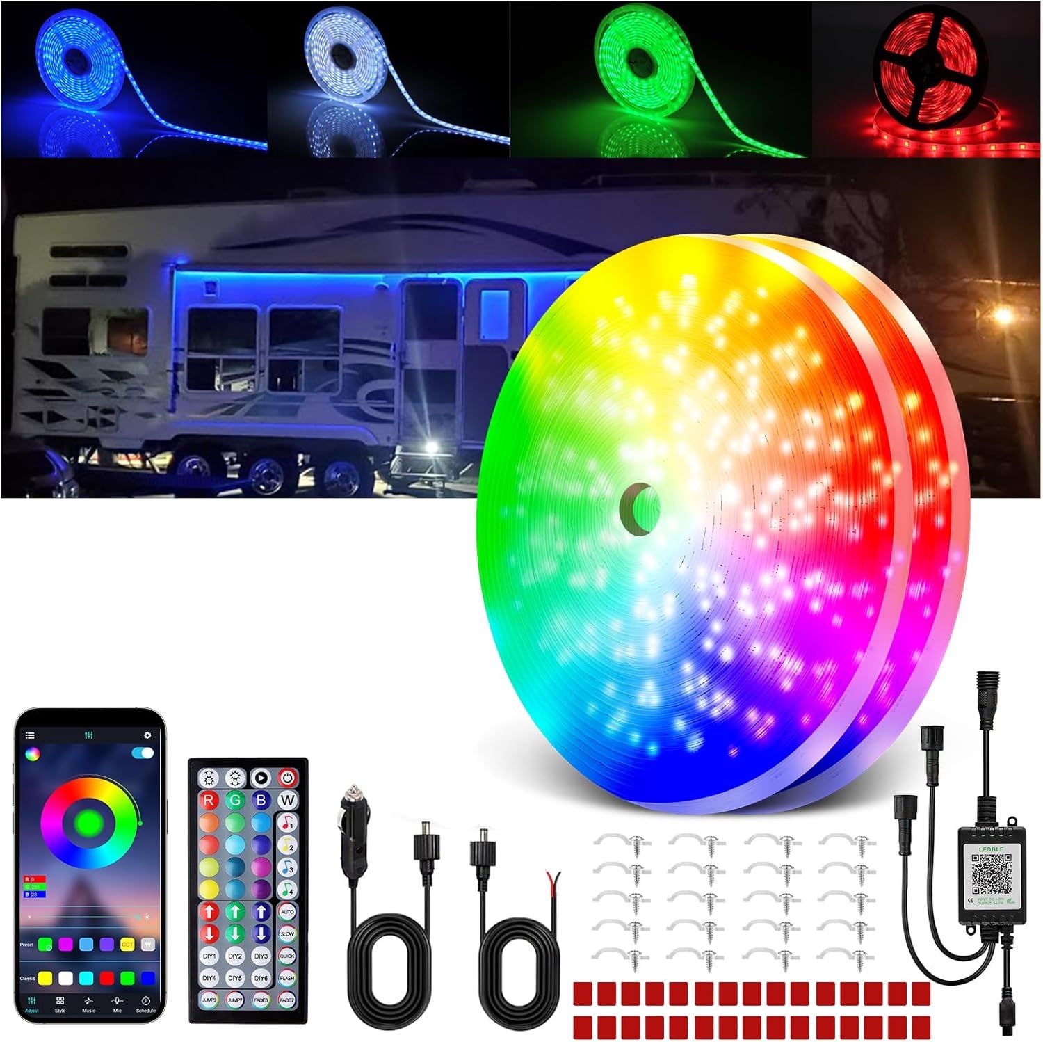 RV Awning Lights, 12V 100FT (2 Rolls of 50ft) RGB RV Camping Awning Lights, IP68 Waterproof LED Lights，RV Exterior Strip Lights for Motorhome Travel T
