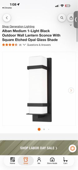 Generation Lighting Alban Medium 1-Light Black Outdoor Wall Lantern Sconce With Square Etched Opal
