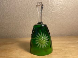 Vintage Emerald Green Cut-to-Clear Crystal Glass Sunflower Bell Hortensja Glassworks Poland Bohemian