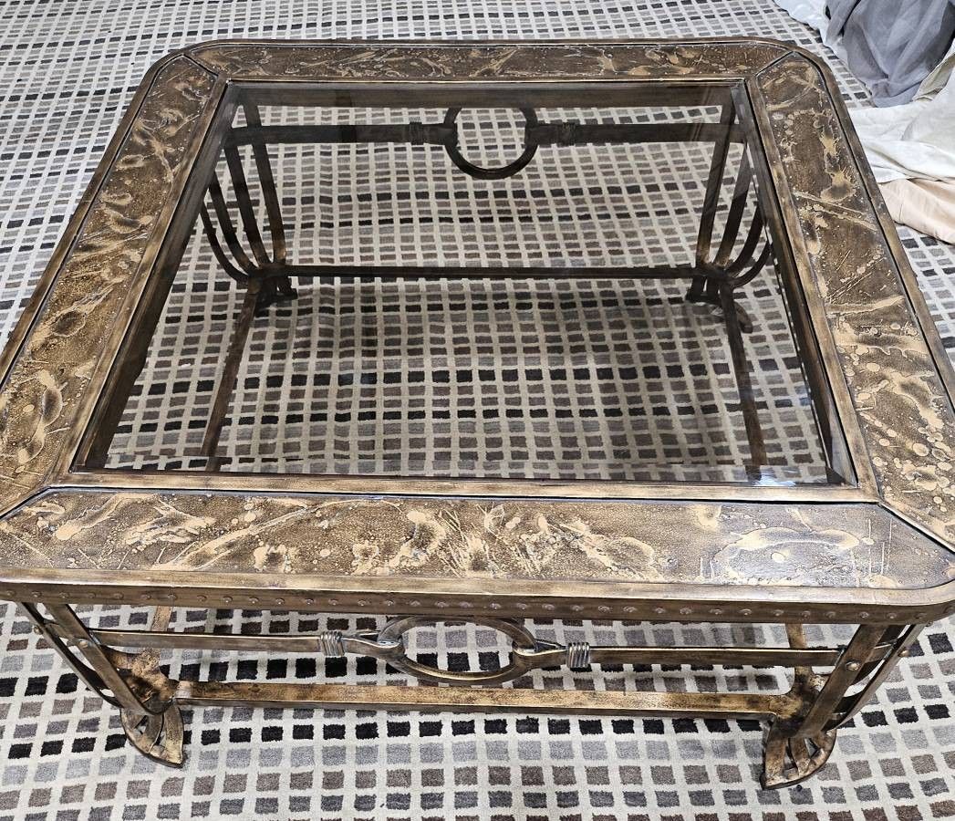 Copper Metal Coffee Table With Tinted Glass Top.