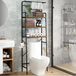 3-Tier Over-The-Toilet Storage Rack with Rustic Wood Shelves and Hanging Bar