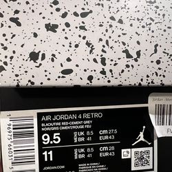 AIR JORDAN 4 RETRO BLACK/FIRE RED-CEMENT GREY NOIR/GRIS CIMENT/ROUGE FEU 9.5