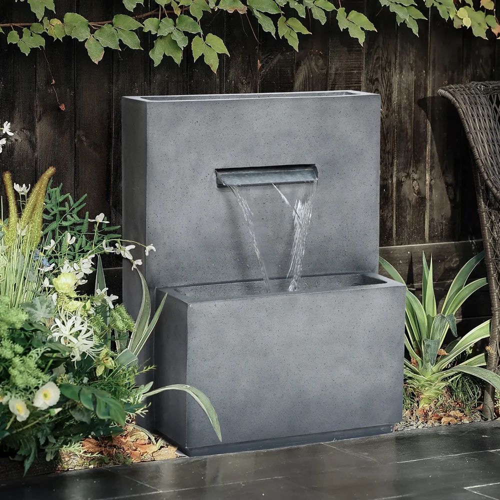 Outdoor Waterfall Fountain with Planter – 26" Speckled Gray Stone Look ,F2309