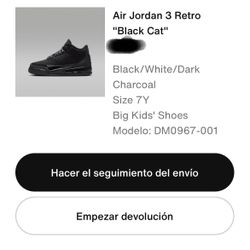 Jordan 3 Black Cat Size 7Y
