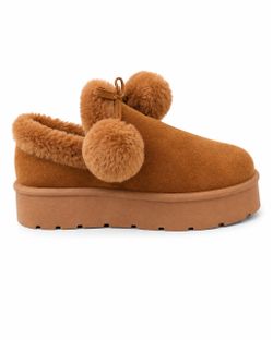 Platform Slip-On Slippers with Pom-Poms