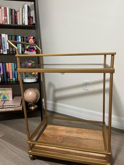 Gold Metal Bar Cart with Glass and Wood Shelves