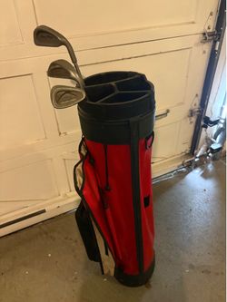 2 golf bags and assorted clubs (over 15)