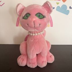 PINK PLUSH  CAT WITH HER FAUX  PEARL  NECKLACE !  12 INCHES 