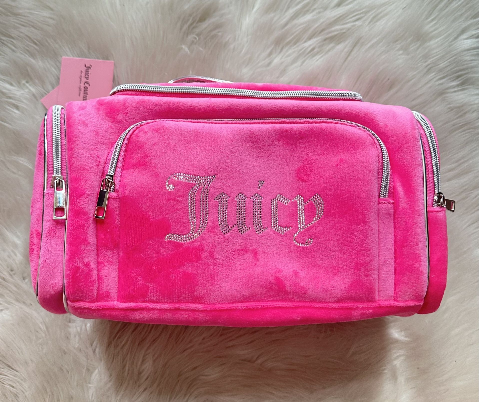 NWT Juicy Couture XL Rhinestone Pink Velour Makeup Cosmetic Travel Case Bag