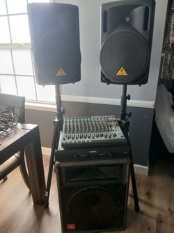 Complete Live Sound PA System – Mixer, Power Amp, 3 PA Speakers, Stands & Power Cables