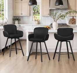 LUE BONA 26" Swivel Bar Stools Set of 3, Counter Height Bar Stools with Backrest and Arms, Modern Upholstered Barstools with Metal Legs for Kitchen Is