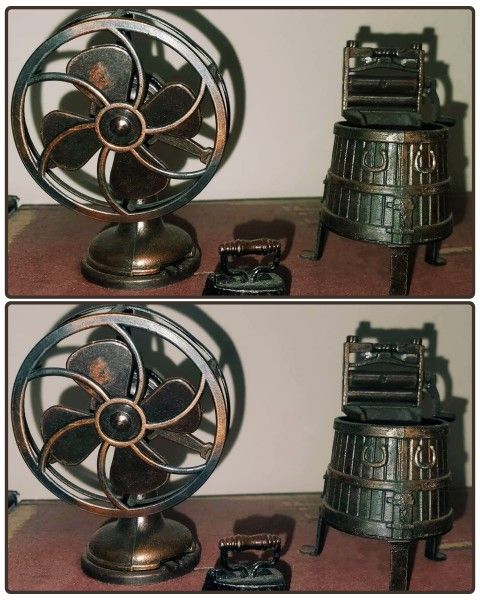 X3 VINTAGE WROUGHT CAST WROUGHT IRON METAL CLOTHES LAUNDRY ROOM FAN WASHER MINI TABLE DECOR KNICKKNACK SET