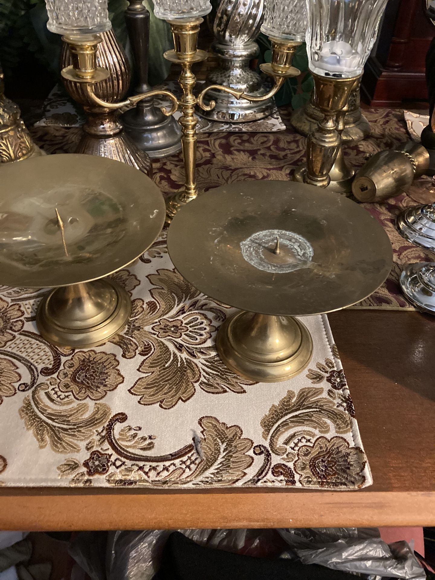 Set Of Two Brass Pillar Candle Holders 