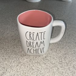 Rae Dunn CREATE DREAM ACHIEVE Inspirational Mug Coffee Tea Pink Interior
