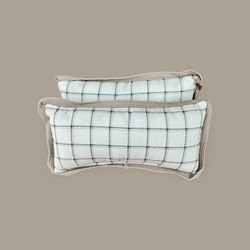 Set 2 Outdoor Lumbar Throw Pillows Wht Blue Plaid Neutral Braided Border Coastal Neutral Pair