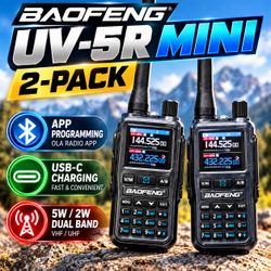 BAOFENG UV-5R Mini 2-Pack Walkie Ham Radio Talkies β NEW Open Box β Bluetooth & USB-C