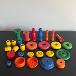 Vintage Wooden Toy Pieces Colorful Rings Beads Spools Educational 28 Pc