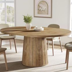 XK00822 Oval Dining Table for 6 People, 55.11-Inch Farmhouse Kitchen Dinner Table with Cylindrical Pedestal (Light Brown)