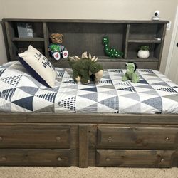 Twin Daybed Summit Grey Solid Wood  w/ Bookshelf, Drawers And Underneath Storage