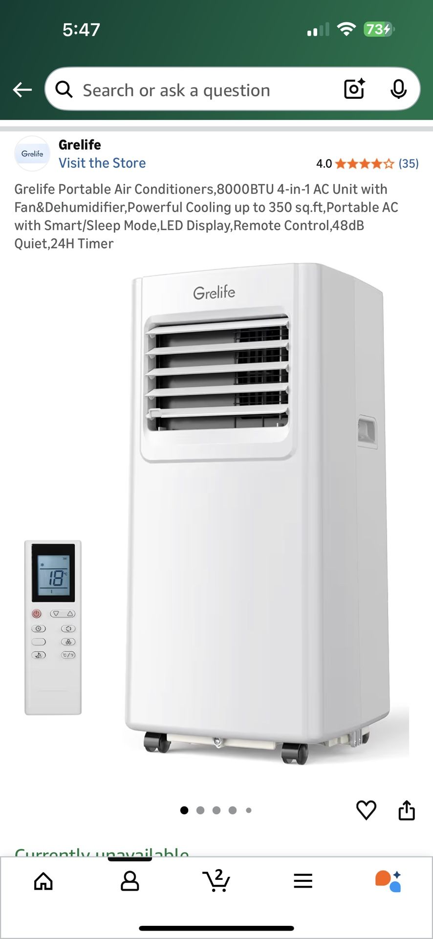Grelife 8000 BTU Portable AC (3-in-1) – Works Like New – $75 (San Diego)
