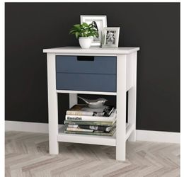 Set Of 2 White/Grey Finish Two-Tone Modern Mid-Century Style Nightstand Side Table with Drawer and Shelf