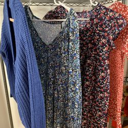 Medium Navy Blue Knitted Cardigan And 3 Medium Delightful Matching Floral Tops